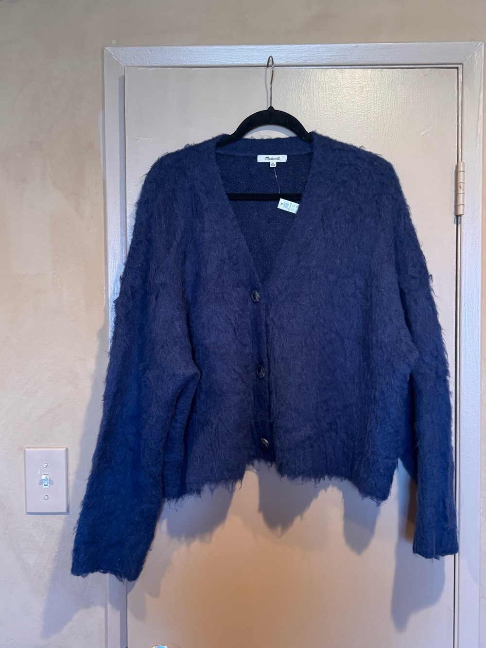 Madewell Apiece Apart Navy Fuzzy V-Neck Button Cardigan new with tags